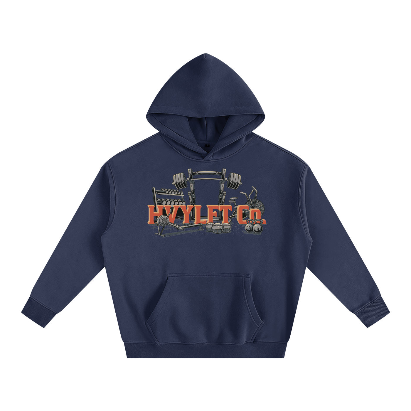 Navy blue hoodie with 'Hylft Co' graphic on a white background