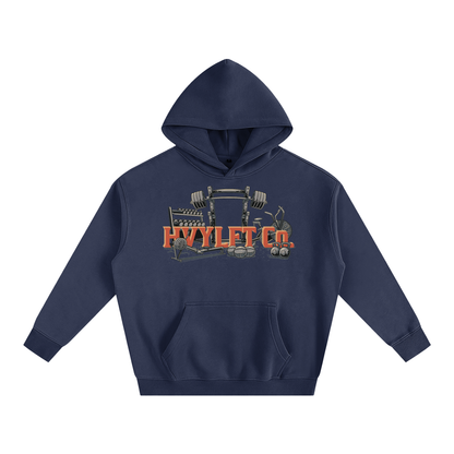 Navy blue hoodie with 'Hylft Co' graphic on a white background
